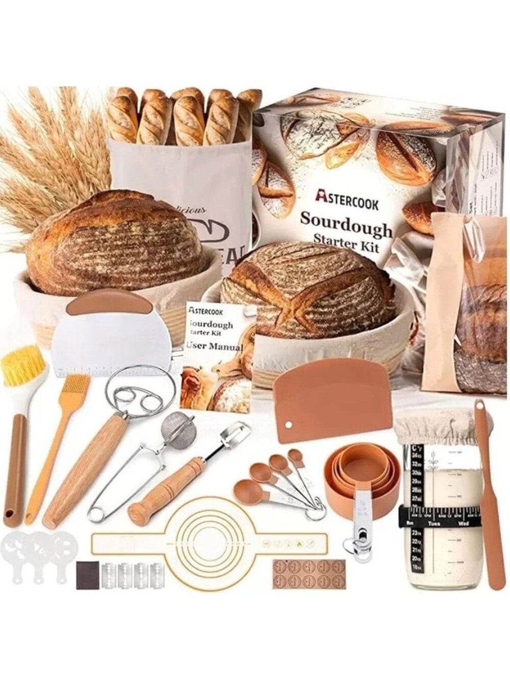 Complete Sourdough Starter Kit with Proofing Baskets, Glass Jar & Tools